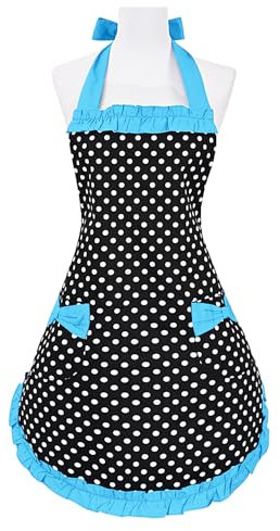 Violet Mist Vintage Polka Dot Damen Schürze mit Tasche, Blau, für Frauen und Mädchen, Küchenschürze, Retro-Stil, 100% Baumwolle, 2 Taschen, L