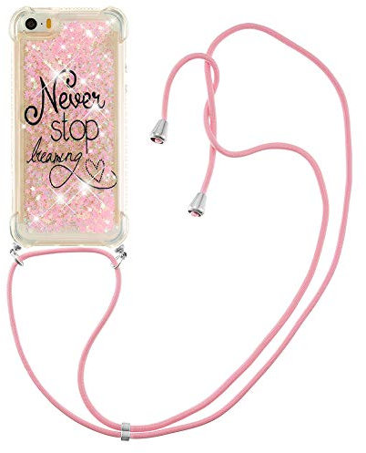 VQWQ Lanyard Case Compatible with iPhone 5S / iPhone SE Silicone - Necklace Cover Adjustable Length Chain Anti-Shock Crossbody Phone Case with Strap for iPhone 5S / iPhone SE Cover TPU[Liquid]-letters