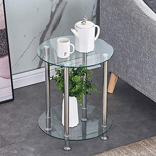BELIFEGLORY Modern Design End Table, 2 Tier Tempered Glass Coffee Table with Polished Stainless Steel Legs, Small Round Sofa Side Corner Lamp Table for Living Room (Clear)