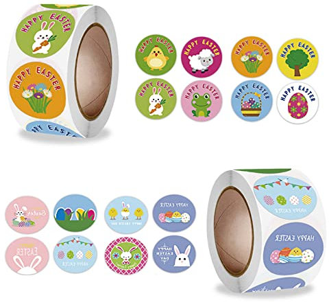 Tuofang Easter Sticker Roll, 1000 Stück Osteraufkleber, Ostereier und Hasenaufkleber, 16 Muster Oster Kinder Aufkleber, Ostern Dekorationen, für Kunsthandwerk oder Geschenkverpackungen (A)