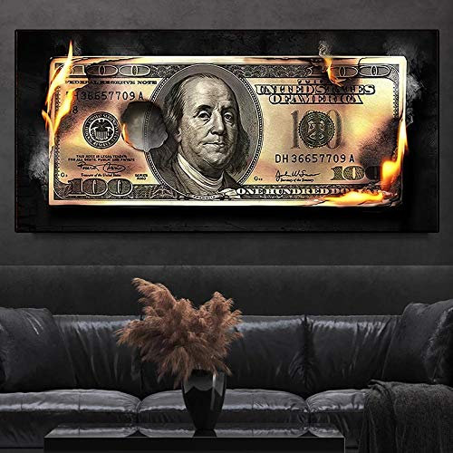Burning Dollar Moderne Kunst auf Leinwand, inspirierende Poster und Drucke, kreatives 100-Dollar-Bild, Wohnzimmer, Wanddekoration, Malerei, 60 x 120 cm (kein Rahmen)