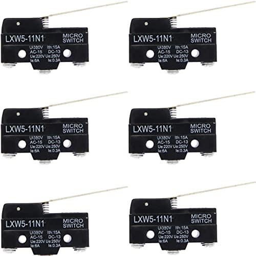 Youmile 6 uds LXW5-11N1 Micro interruptor de límite 1NO + 1NC palanca de bisagra larga tipo miniatura Micro interruptor SPDT interruptor de viaje de acción a presión