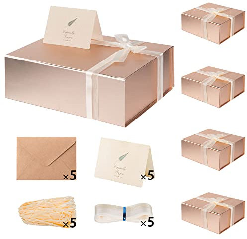 LIFELUM 5 Pack Gift Boxes 13.85 x 8.35 x 4.45 inch Large Gift Boxes with Magnetic Lids Rose Gold Contains Card,Sticker,Ribbon, Shredded Paper Filler for Graduation Weeding Gifts