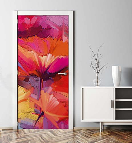 MyMaxxi - Tür bekleben mit Türtapete Türposter Türfolie Selbstklebend 90x200 Bunte Blüten Malerei - Tür verschönern Türaufkleber Türklebefolie Blume Rose rot