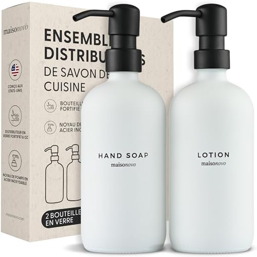 MaisoNovo Seifenspender Bad - 500 ml weißes Seifenspender aus Glas, Schwarze Pumpen x 2 - Seifenspender Küche