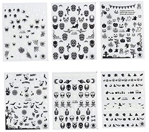 Halloween Nail Art Stickers Glow in The Dark Nail Decals 3D Self-Adhesive Fluorescent Nail Stickers Skull Spider Witch Ghost Pumpkin Bat Snake Nail Design 6Pcs Halloween