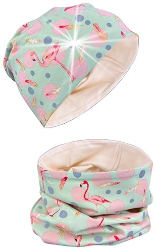 HECKBO 360° Reflektor Kinder Beanie Mütze & Loop Schal Set - Flamingo & Federn - mit reflektierenden Kreisen - 2-8 Jahre - 95% Baumwolle