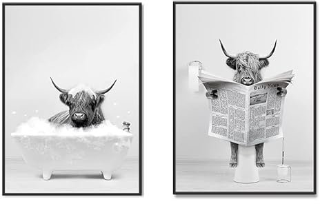 Sarah Duke Wohnzimmer Poster 2er Set, Yak in der Badewanne Schwarz-Weiß Kuh Leinwand Bild, Stilvolle Wandbilder Drucke Wandkunst Bilder für Wohnzimmer Heimdekoration (Kuh,30x40cm)