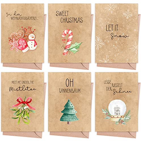 Weihnachtskarten mit Umschlag Set (12 Stück) - A6 Klappkarten für Weihnachten - Christmas Postkarte mit Umschlägen für deine Weihnachtsgrüße - Coole Weihnachtspostkarten mit und ohne Sprüche