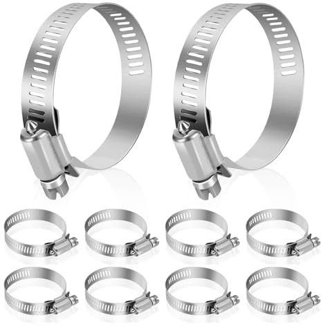 Hose Clamp, Stainless Steel Hose Clamps 2 Inch to 3 Inch, Large Adjustable Worm Gear Hose Clamps Assortment Kit Pipe Tool for Fuel Line, Plumbing, Automotive Mechanical, 10 PCS Hose Clamp Set