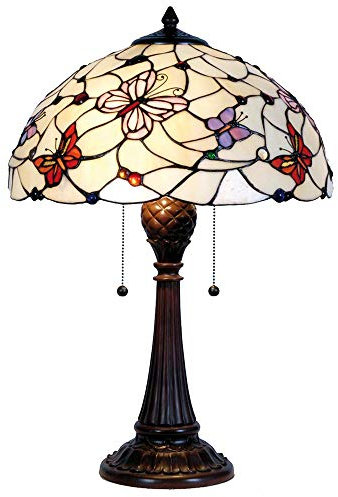 HAES DECO - Tiffany Tischlampe Ø 41x60 cm Beige Lila Glas Halbkugel Schmetterling Tiffany Schreibtischlampe Tiffany Lampen Buntglas