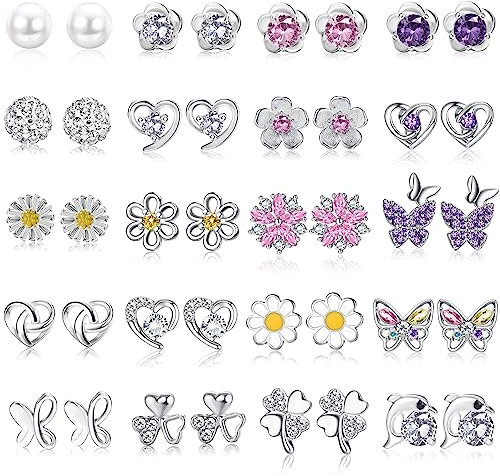 CASSIECA 20 Paar Silber Ohrringe Kinder Ohrringe Silber 925 Mädchen Kleine Sterling Silber Ohrstecker Set für Damen Mädchen Zirkonia Ohrring Perle Kristall Runde Herzform CZ Blume
