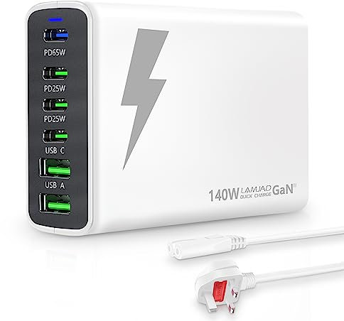 USB C Charger,LAMJAD 140W Multi USB Charger,6-Port GaN PD Travel USB Charging Station,4 USB-C+2 USB-A Portable Fast Charger Plug Compatible with MacBook Pro/hp Laptop/iPhone15/14/13/iPad/Huawei(white)