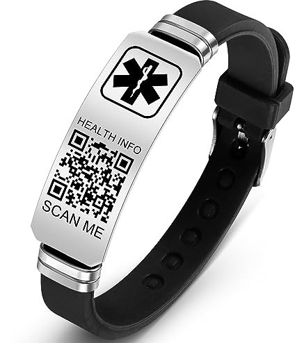 Theluckytag Medizinisches Armband mit QR-Code-Notfall-ID, aus Silikon, wasserdicht, passt bis 22,9 cm Handgelenk, Notfallinfo, mehr Platz, für Sport, Jungen/Mädchen/Damen/Herren, 9'', Silikon, Kein
