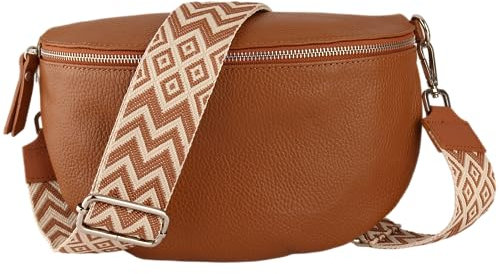 MIRROSI® Bauchtasche Damen, Echtleder, Made in Italy, Umhängetasche, Brusttasche, Crossbody Bag (1 Tasche & 2 Gurte) (Cognac (Bohemian Braun Beige), Mittelgroße Tasche (25x16x7cm))