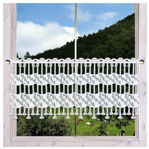 Moderne Spitzengardine Emilia aus Echter Plauener Spitze Feenhausgardine mit Fächerspitze und Mustern in weiß 37 x 96 cm