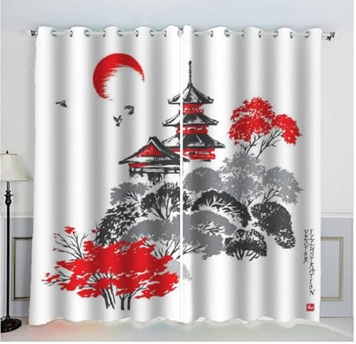Sepustas Paysage Japonais Rideau Occultant Lot de 2 Chambre Enfant Fille Garcon 3D Impression Style Japonais Motif Rideaux Acoustiques Opaque Petites Fenêtres Décoration (140x160 cm)