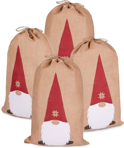 BRUBAKER Weihnachtssack Gnom - 80 cm Geschenksack Weihnachten - Nikolaussack Jutebeutel Sack mit Kordel zum Verpacken von Geschenken - Weihnachtsmann Zwerg mit Bart und dicker Nase - 4er Set