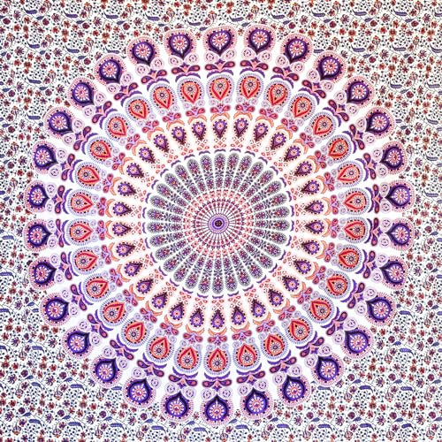 MOMOMUS Wandteppich Mandala - Indische Wandkunst - Wandteppich Aesthetic, Wandtuch Boho oder Wandbehang aus Stoff - Weiß und Lila, 135x210 cm