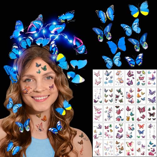 Shinybox Leuchtender Schmetterlings Haarreif mit 8 Schmetterling Haarklammer und 30 Schmetterling Tattoo Aufkleber für Kinderpartys, Kostüme, Bühnenauftritte, Halloween, Cosplay(Blau)