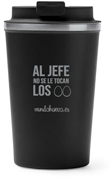 mundohuevo Vaso térmico de acero inoxidable 304 de doble pared. | Taza con mensaje “Al jefe no se le tocan los huevos”| Capacidad 450 ml.| Tapa con rosca antifugas.| Color Negro.