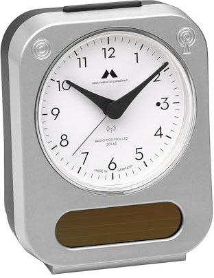 Uhren Manufaktur Schwarzwald Funk-Solar-Wecker, längere Laufzeit, leises Uhrwerk, einfache Bedienung, made in Germany, Farbe:Silber
