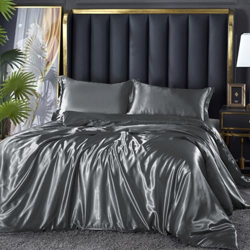 DXHOME Ropa de cama de 220 x 240 cm, satén, gris, gris oscuro, antracita brillante, liso, sedoso, de lujo, ropa de cama de satén brillante, juego de ropa de cama individual y fundas de almohada de 80