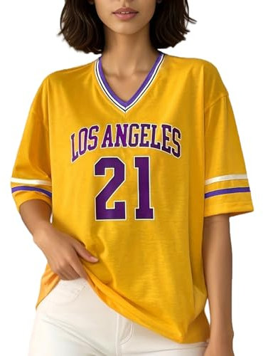 Elincho Jersey-Shirts für Damen, Y2K-Zahlen-Grafik, übergroße T-Shirts, V-Ausschnitt, gestreifter Saum, kurzärmelig, Sommer, lässiges T-Shirt, T19-733 Gelb, Klein