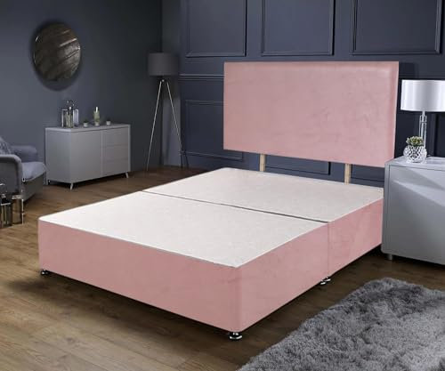Savako Essential - 4ft Small Double Pink Plush Sturdy Divan Bed with a Padded 20 Inch Headboard with Chrome Feet - (120cm x 190cm)