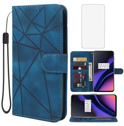 Wanyuexes Hülle für OnePlus 7 Case, Oneplus 6T HD1900 HD1901 Schutzhülle mit Schutzfolie, PU Leder Wallet Flip Folio 3 Karten Halter Standfunktion Handyhülle für Oneplus 6T Blau