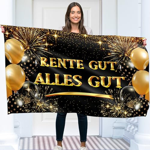Rente Gut Alles Gut Banner 150 x 90 cm – Endlich Ruhestand Girlande – Alles Gute Zum Ruhestand Deko – Lebendiger Digitaldruck – 110 Den Polyester – Doppelnaht (Schwarz & Gold)