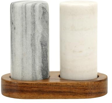 Spiretro Elegant Marble Salt and Pepper Shaker Set with Acacia Wood Holder - Real Grey and White Marble Cylindrical Shakers for Kitchen Shelf, Table or Spice Rack - 3.8cm x 9.5cm Each