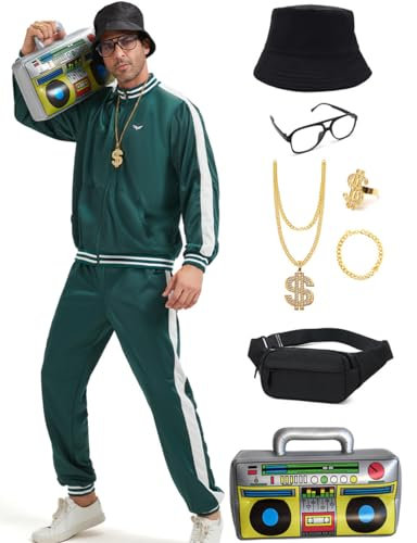 Ezuwail 80er Jahre Trainingsanzug Herren Retro Hip Hop Kostüm Cosplay Outfit 90er Halloween Karneval Sportanzug Jogginganzug 9Stk(Grün/L)