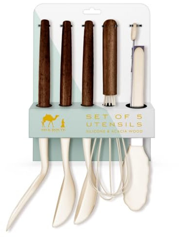 Silk Route Home Acacia Wood & Cream Silicone Set of 5 Kitchen Utensils