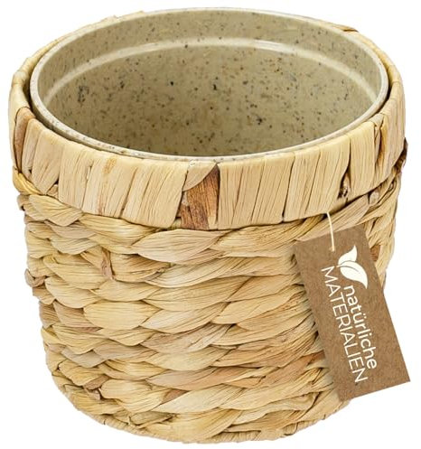 HMF Innovativer Blumentopf geflochten aus Wasserhyazinthe, mit Pflanztopf aus nachhaltigen Rohstoffen, Rund | 14 cm Durchmesser
