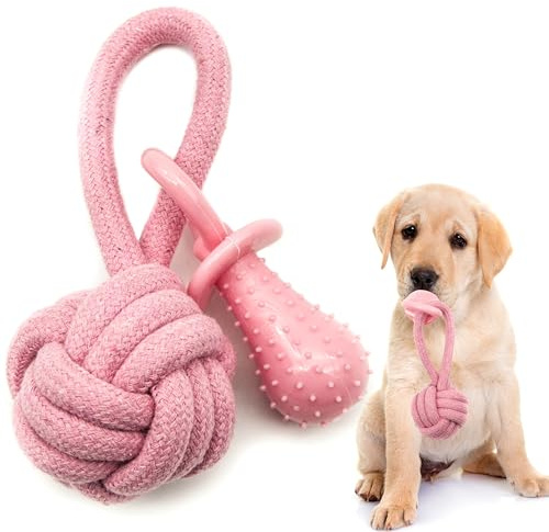 Petopedia 2 en 1 - Boules tressées pour chiens avec tétine - Jouets à mâcher en corde - Jouets interactifs lavables pour l'ennui, le dressage, la dentition (rose)