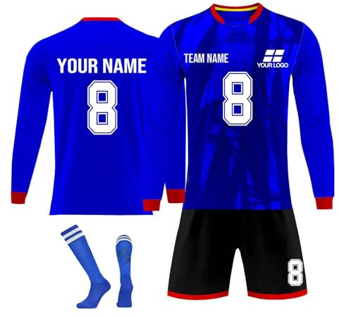 Long Sleeve Personalised Football Kit for Kids Boys Football Kit Children Soccer Jersery Set Gym Shorts T-Shirt and Socks Sets Sports Outfit