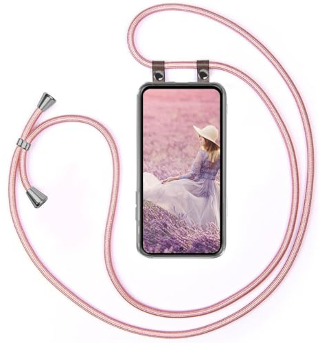 moex Handykette für Samsung Galaxy S24 FE Hülle mit Band abnehmbar, Handyhülle mit Kette zum Umhängen, Handyband 155 cm lang Stoff Kordel Umhängehülle, Handy Umhängeband, Rosegold