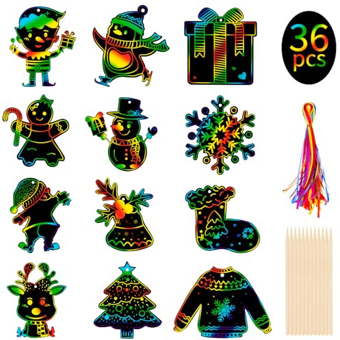 Kiiwah 36 Stück Weihnachten Kratzbilder für Kinder, Weihnachten Kratzpapier Regenbogen Scratch Art mit 36 Bändern und 12 Holzstiften für Kinder Basteln, Weihnachtsan Geschenkan, Weihnachtsbaumschmuck