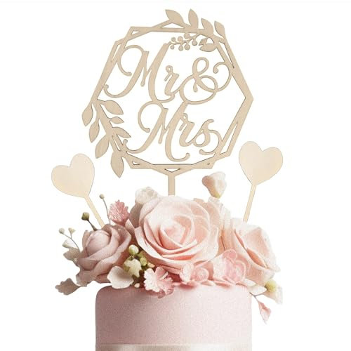Mr & Mrs Cake Topper Tortendeko Hochzeit Holz Hochzeitstorte Deko Tortenstecker Hochzeitsdeko Torte Personalisiert Deko für Hochzeit Jubiläum Verlobung mit 2 Herz Cake Topper