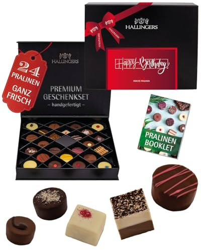 Hallingers Genuss Manufaktur Pralinen Geburtstagsgeschenk - ohne Alkohol, handmade aus Confiserie-Edelkakao in wertiger FirstClass-Geschenkbox Happy Birthday, Geschenke für Frauen Männer