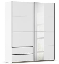 Rauch Möbel Stoke, Schwebetürenschrank, Kleiderschrank, Schrank, Garderobe, 2-türig, 1 Spiegel, 2 Schubladen, Farbe Weiß, Griffleisten Grau metallic, Schwarz, 175x210x59cm