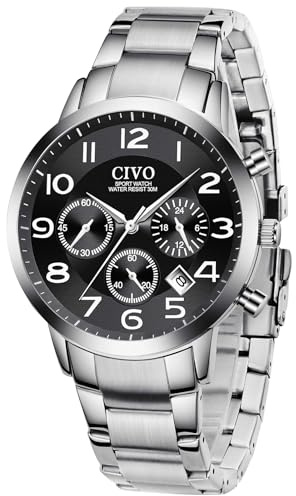 CIVO Herren Uhr Chronograph Edelstahl: Analog Quarz Datum Leuchtende - Wasserdicht Klassische Business Geschenke für Männer