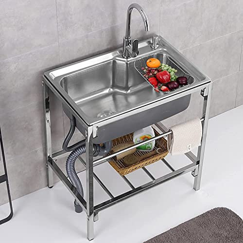 Edelstahl Workstation Utility Waschbecken Set mit einstellbarem Wasserhahn für Innen im Freien, Garage, Küche - große Einzelschale für Restaurant, Bad, Wäscherei Garten