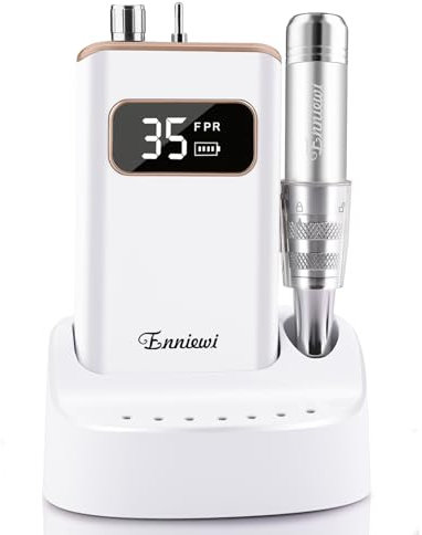 Enniewi Professional Nail Drill 35000RPM with Rechargeable Base, Portable Electric Nail Files for Gel/Acrylic Nails, Rechargeable E File 7 Bits Kit for Manicure Salon Home, Golden White