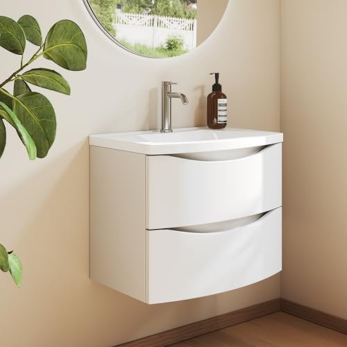 BRIDGE BENO Mobiletto Da Bagno Da 60 cm Con Lavabo in Ghisa Minerale – 2 Cassetti Con Chiusura Ammortizzata, Salvaspazio, Ideale Per Wc Per Gli Ospiti, Bianco Opaco