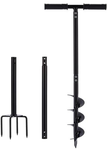 Handerdbohrer Rasenlüfter 2 in 1 Erdlochbohrer 110cm Metall Erdbohrer für Blumenzwiebeln, Blumen, Setzlinge, Bäume, Briefkasten, Zaunpfostenbohrer, Boden Belüftung, Rasen Belüftung (2 in 1)