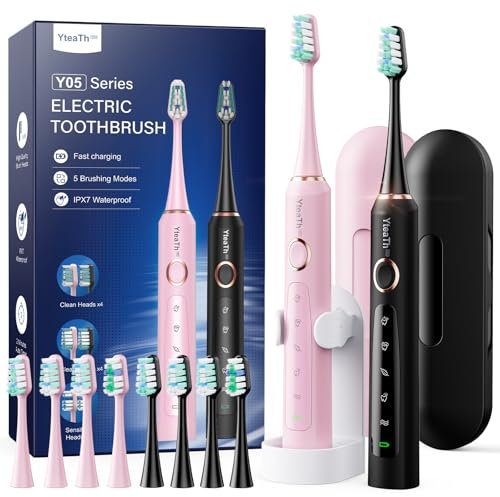 2 Stück Elektrische Zahnbürste Schallzahnbürste für Erwachsene und Kinder - Electric Toothbrush mit 8 Bürstenköpfen (2 Typen) und 5 Modi. 90 Tagen Akkulaufzeit, 2 Minuten Smart Timer, Reiseetui