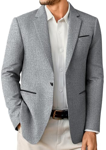 Elainone Mens Suits Casual Slim Fit Blazers for Men UK One Button Jacket Business Light Grey-M
