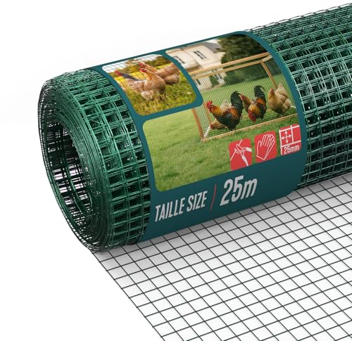 VOUNOT® PVC Coated Welded Wire Mesh Roll 1 x 25m, 25mm Mesh, 1mm Wire Thickness, Metal Garden Fencing for Small Animals, Poultry, Chicken Coop, Green